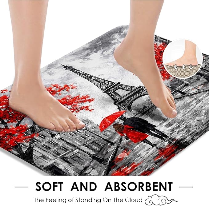 Britimes 4 Piece Shower Curtain Sets, Red Background Paris Eiffel Tower with Non-Slip Rugs, Toilet Lid Cover and Bath Mat, for Bathroom Decor Set, 72" x 72"