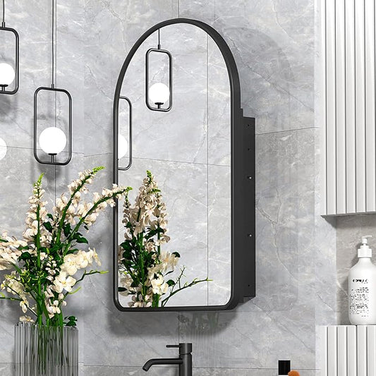 Arched Medicine Cabinet with Mirror,20x31 Inch Black Recessed Bathroom Cabinet, Modern Mirror Cabinet Surface Mount,Black Arched Medicine Cabinet with Storage,Adjustable Shelves