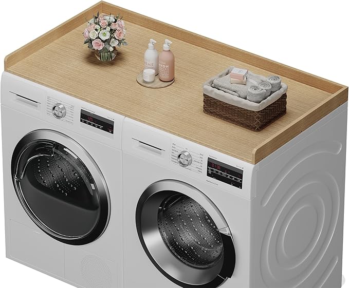 efluky Washer Dryer Countertop, Wood Countertop with Edge Rails for Laundry Room Organization and Storage, Washer Dryer Topper for Laundry Room, 27.5" x 54" Oak