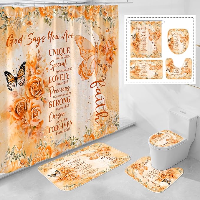 Litabel 4 Pcs Orange Butterfly Inspirational Quotes Shower Curtain Set with Rugs and Toilet Lid Cover, Colorful Boho Waterproof Fabric Bathroom Set, Bible Verse Floral Bathroom Decor Set Accessories