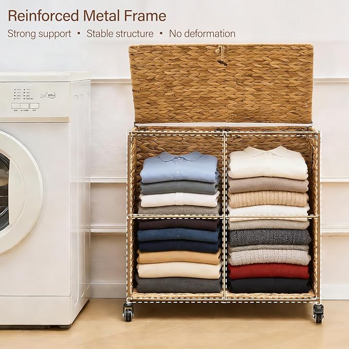 Hand-Woven Laundry Basket with Wheels, Natural Water Hyacinth Laundry Hamper with Lid, Removable & Machine-Washable Liner,2-Section Clothes Hamper for Bathroom and Laundry Room(120L,Natural)