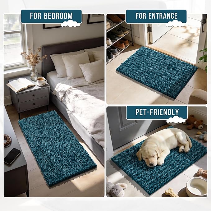 Yimobra Bathroom Runner Rug 60x24 Inch - Extra Long Non Slip Chenille Bath Mat, Soft & Absorbent, Machine Washable Shaggy Hallway Carpet for Vanity Tub Shower, Peacock Blue Home Decor Accessories