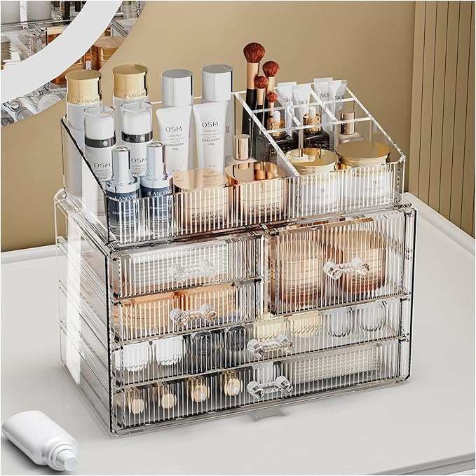 Clear Makeup Organizer with Acrylic Drawers - Ideal Makeup Organizer for Vanity or Dresser with Clear Storage Drawers,1 Top, 5 Drawers, Pattern E