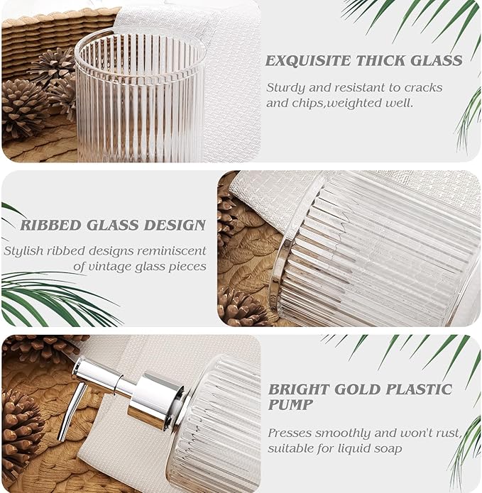 BSSN Glass Bathroom Accessories 5 Pcs, Clear Bathroom Set, Soap Dispenser, Toothbrush Holder Set, Tumber, Qtip Holder Set, Vintage Bathroom Sink Set, Cute Bathroom Decor