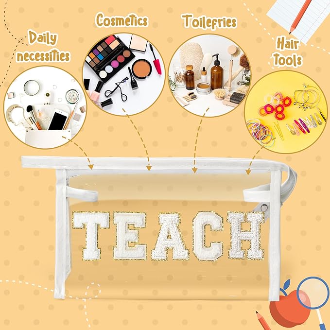 CY2SIDE TEACH Clear Makeup Bag - White TEACH Letter Patch Cosmetic Bag with Handle for Travel PVC Zipper Clear Toiletries Waterproof Portable Travel Organizer Teacher Appreciation Gifts, White