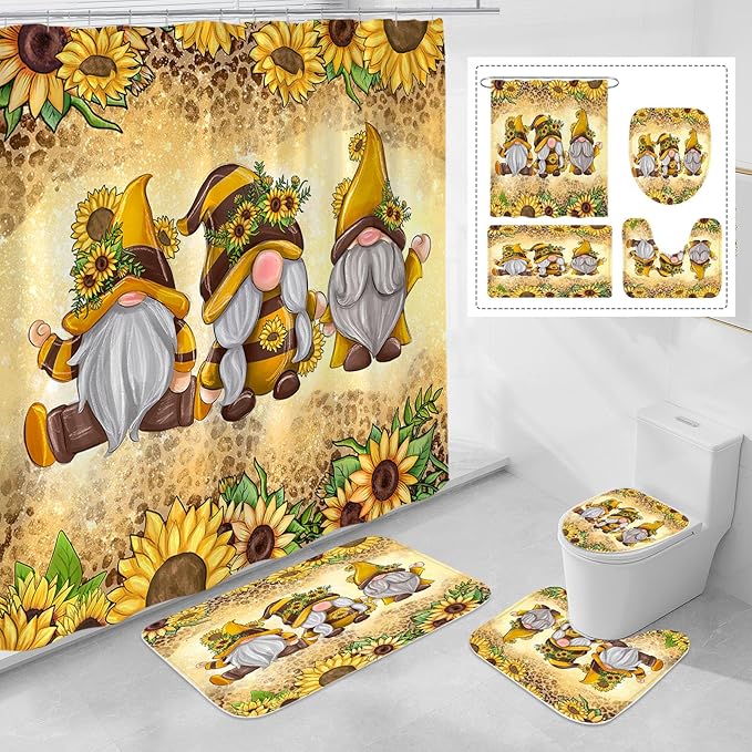 Litabel 4 Pcs Sunflower Gnomes Shower Curtain Set with Non-Slip Rugs, Toilet Lid Cover and Bath Mat, Farmhouse Country Bathroom Decor Set with Shower Curtain and Rugs(Hooks Not Included)
