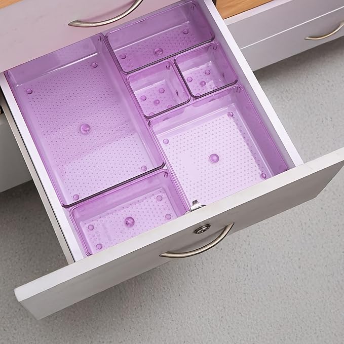 Kuber Industries 4 Pcs Acrylic Transparent Cosmetic Organizer Tray | Drawers Organisers for Kitchen, Office and Bathroom Vanity Makeup | Stationery Storage Drawer Divider Tray | Purple