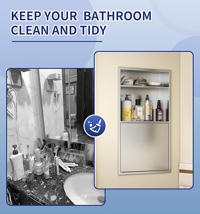 Recessed Medicine Cabinet with Door 24" X 14" Brushed Wall Medicine Cabinets with 3-Tier Shelf 304 Stainless Steel Niche Shower for Bathroom Storage