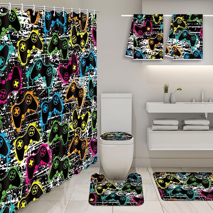 Nuanchu 6 Pcs Game Shower Curtain Set with Rug Bathroom Sets with Shower Curtain Bath Mat U Shaped Mat Toilet Lid Cover 2 Bath Towels and 12 Hooks Game Bathroom Decor