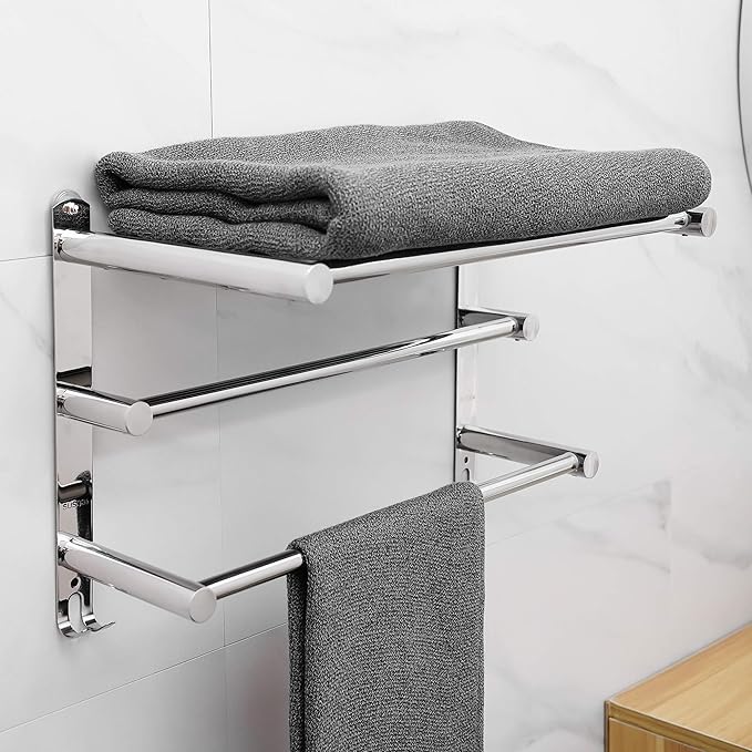 Towel Rack Retractable 19.7 -31.5 Inch Towel Bars Stainless Steel 304 Strong 3M Adhesive Bathroom Wall-mounting Hole-Free mounting Hole-Installing washroom Kitchen Space Saving 3-Tier Shelf Towel Rack
