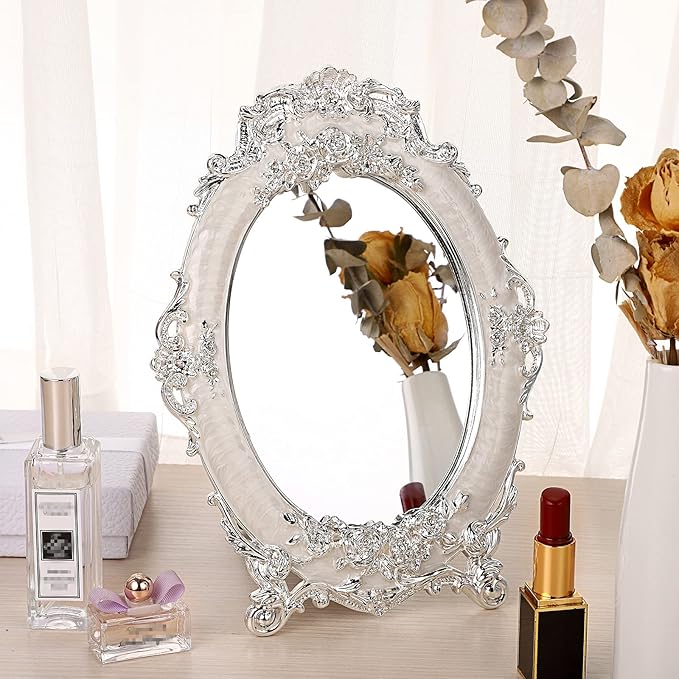 JUXYES Small Tabletop Dressing Mirror Vintage Metal Desktop Mirror with Stand, Antique Embossed Roses Countertop Makeup Mirror Retro Oval Cosmetic Decorative Mirrors for Table Centerpieces