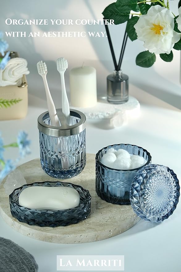 LaMarriti Blue Bathroom Accessories Set, 4Pcs Clear Glass Bathroom Decor Set, Lotion Soap Dispenser, Toothbrush Holder, Qtips Holder, Soap Dish for Crystal Modern Bath Decor, Gift Set