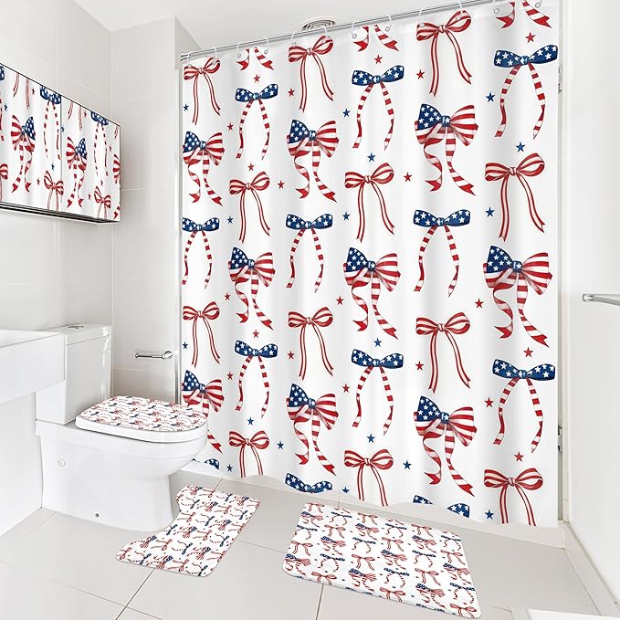 Cinbloo 4Pcs Independence Day 4th of July Shower Curtain Set, Red Blue Bow Coquette Patriotic USA American Flag Bathroom Curtain with Rug, Toilet Lid Cover, Bath Mat, Cute Shower Curtain with 12 Hooks
