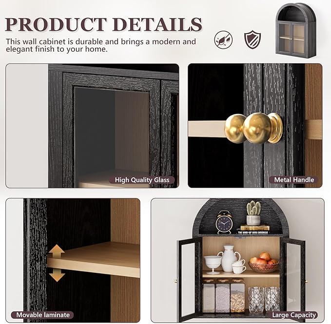 Furnaza Arched Medicine Cabinets with Tempered Glass Doors,Wall Mounted Display Cabinet with Adjustable Shelf for Bathroom,Laundry Room,Kitchen