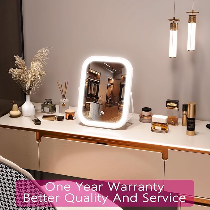 PRIMETEK Travel Makeup Mirror with Lights, Portable Small Beauty LED Vanity Mirror with Lights, 1200mAh Battery, Dimmable Touch Screen, Tabletop Folding Compact Mirror,Women Gift
