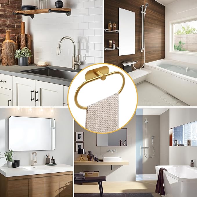 Self Adhesive Towel Ring, Brushed Gold Adhesive Hand Towel Holder Stainless Steel Oval Hand Towel Ring No Drilling Modern Hand Towel Hanger for Bathroom Kitchen Accessories