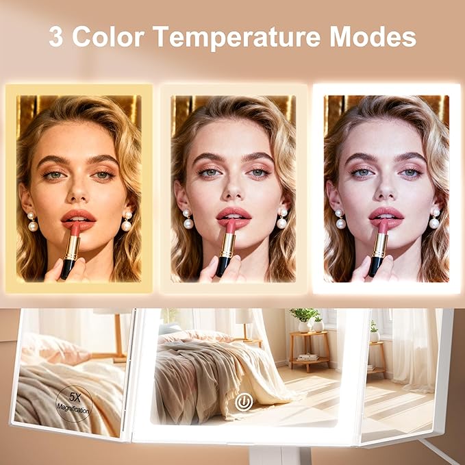 S'bagno LED Makeup Mirror with Lights, 1X/2X/5X Magnification, 3 Color Dimmable LED Modes, 270° Rotation, Trifold Vanity Mirror for Travel, Skincare & Grooming