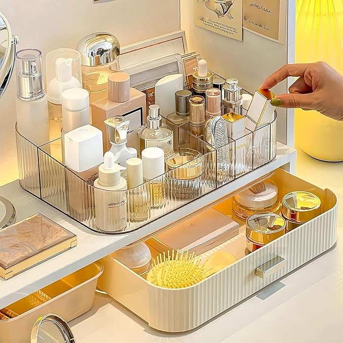 Makeup Organizer with Drawer, Stackable Cosmetic Organizer for Vanity and Bathroom Countertop, Clear Storage for Perfume, Skincare, Lipstick and Brushes, Cream White