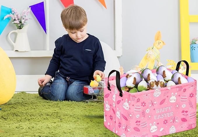 Easter Storage Basket Eggs Bunny Flower Gifts Cube Kids Waterproof Storage Bins Organizer,Foldable Closet Shelf Baskets with handles for Women,Nursery Hamper Toys Box,Room Decorations