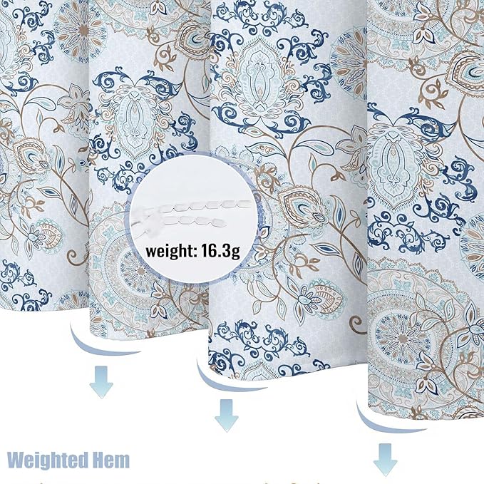 Neasow Light Blue and Navy Paisley Shower Curtain, Cool Teal Design Floral Bathroom Curtain Shower Curtains 72×72 inches