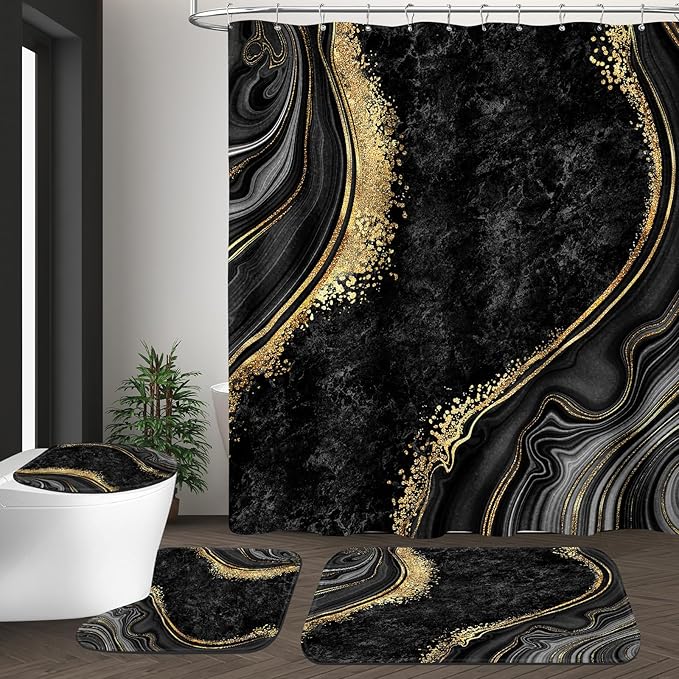 4PCS Black Gold Marble Shower Curtain Sets with Rugs, Abstract Bathroom Sets with Shower Curtain and Rugs, Modern Bathroom Curtains Shower Set with Accessories for Bathroom Decor