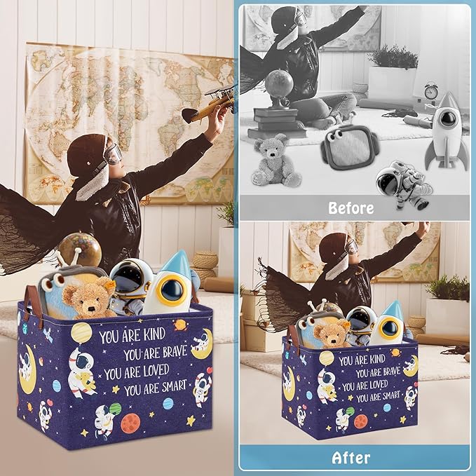 Space Room Decor Kid Storage Box,Boys Astronaut Planets Stars Organizer Toy Box Bin, Galaxy Spaceman Outer Space Blue Laundry Hamper for Baby Bedroom Classroom Nursery