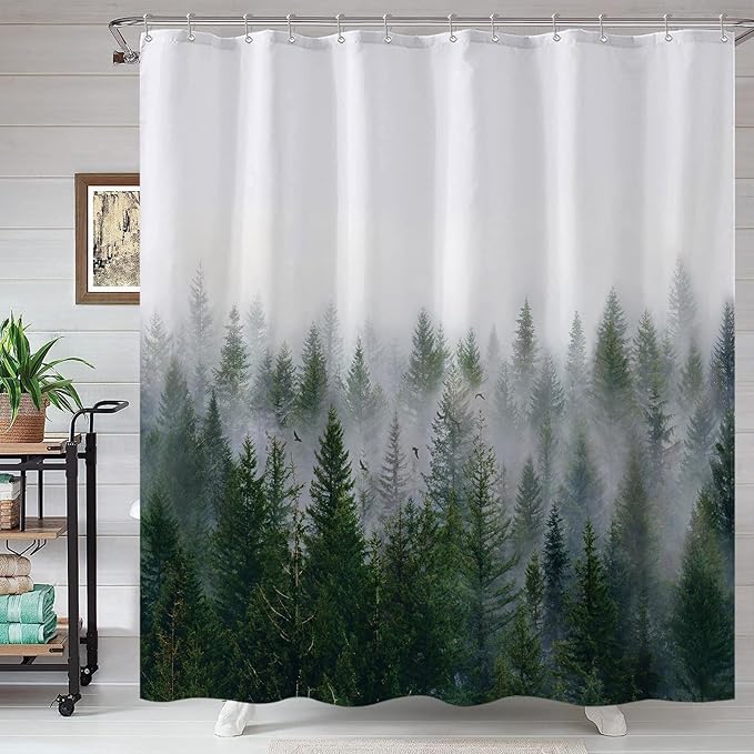 Accnicc Misty Forest Shower Curtain Dark Green Nature Shower Curtains for Bathroom Pine Tree Foggy Woodland Birds Waterproof Fabric Decorative Bath Curtain 72×72 Inch