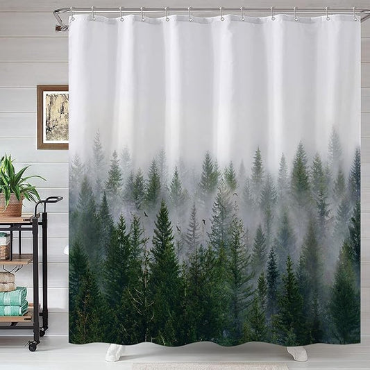 Accnicc Misty Forest Shower Curtain Dark Green Nature Shower Curtains for Bathroom Pine Tree Foggy Woodland Birds Waterproof Fabric Decorative Bath Curtain 72×72 Inch
