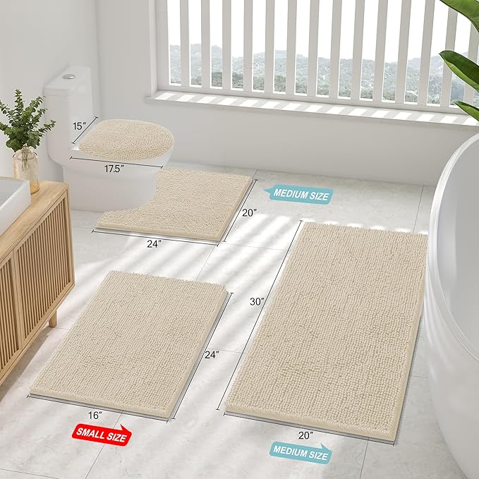 Smiry Luxury Chenille Bathroom Rugs 24x16, Extra Soft and Absorbent Shaggy Bath Mat, Machine Washable, Non-Slip Plush Carpet Runner for Tub, Shower, and Floor, Home Decor Accessories, Sand
