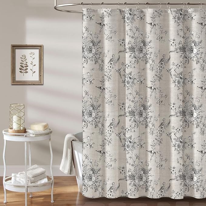 MUGINYU Black Vintage Floral Linen Shower Curtain - Bird & Leaf Print Pattern Farmhouse Rustic Toile Shower Curtains for Bathroom - French Country Bathroom Decor,72x72 Bath Curtain