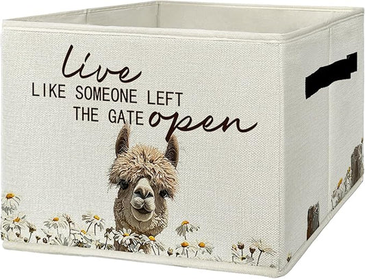 Rustic Alpaca Storage Bins & Boxes with Handles, Farmhouse Alpaca Foldable Basket for Organizing, Live Like Someone Left the Gate Open Collapsible Storage Basket for Bedroom Bathroom Clothes