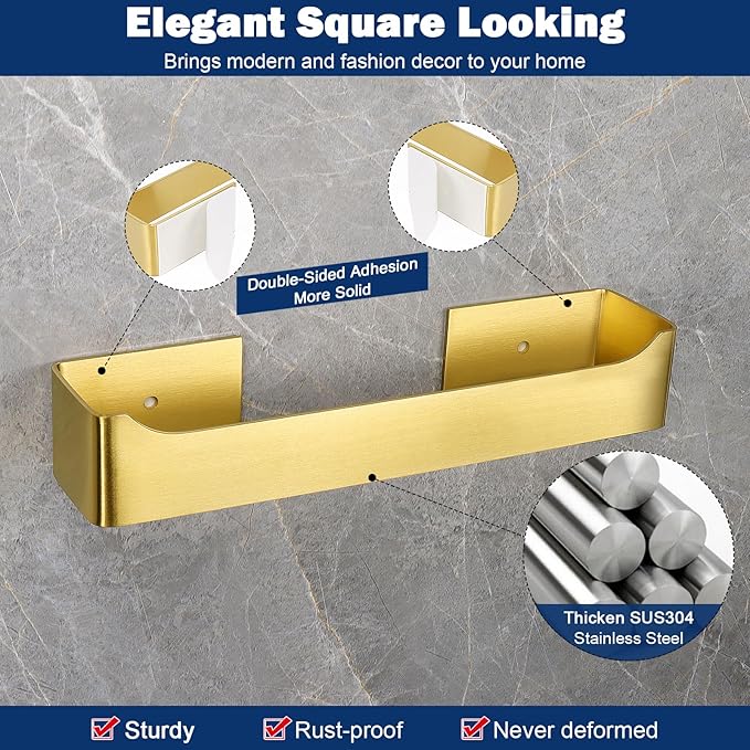 NearMoon Self Adhesive Hand Towel Holder/Towel Ring, Stainless Steel Hand Towel Bar Rustproof Stick on Wall-Towel Rack for Bathroom/Kitchen, Square Sticky and Wall Mounted (9 Inch, Brushed Gold)