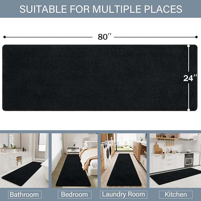 LOCHAS Luxury Bathroom Rug Shaggy Bath Mat 24 x 80 Inch, Washable Non Slip Bath Rugs for Bathroom Shower, Soft Plush Chenille Absorbent Carpets Mats, Black
