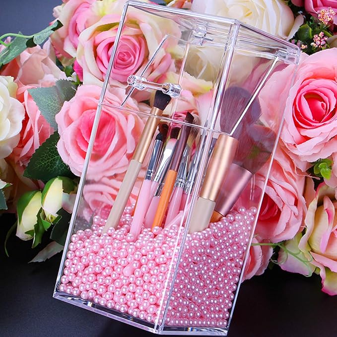Makeup Brush Holder With Lid Cosmetic Brush Organizer Display Case Dustproof Cosmetics Brush Storage Container with Free Pearls