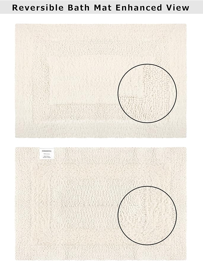 COTTON CRAFT Luxurious Bath Mat Rug - Set of 2 Reversible Heavyweight Step Out Bath Mats for Bathroom Floor, Tub and Shower - Pure Cotton Soft Plush Absorbent Tufted Racetrack Mat - 17 x 24 in - Ivory