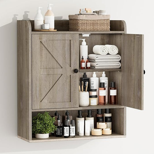 EasyCom 22" W x 26" H Bathroom Wall Cabinet, Farmhouse Medicine Cabinet with Adjustable Shelves and 2 Barn Doors, Over The Toilet Storage Cabinet for Bathroom, Kitchen, Living Room, Oak Grey