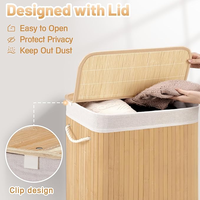Aliphon 72L Slim Laundry Hamper with Lid, Foldable Bamboo Clothes Laundry Basket with Handles, Removable and Machine Washable Liner, for Bedroom, Bathroom, Dorm, Natural Beige