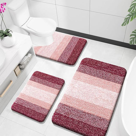 OLANLY Bathroom Rugs Sets 3 Piece, Soft Absorbent Microfiber Bath Mats and U-Shaped Contour Toilet Rug, Plush Shaggy Bath Mat Set for Bathroom (36"x24"+24"x16"+24"x20", Red)