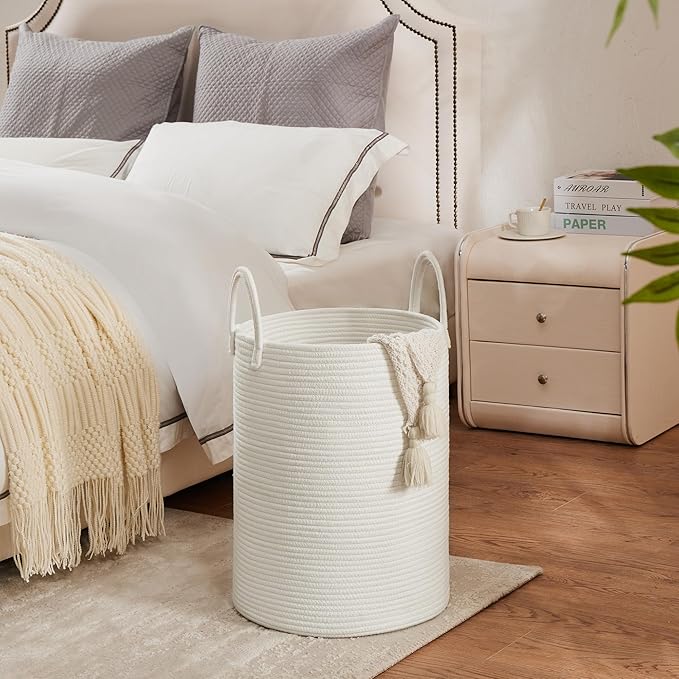Cotton Rope Laundry Hamper by YOUDENOVA, 58L - Woven Collapsible Laundry Basket - Clothes Storage Basket for Blankets, Laundry Room Organizing, Bedroom Storage, Clothes Hamper – White