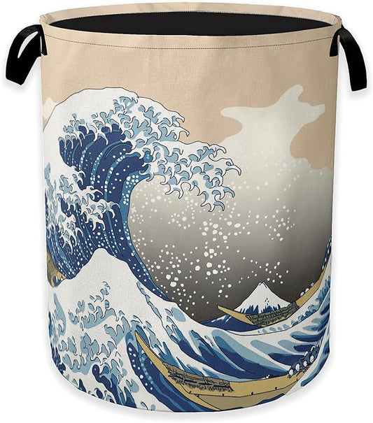 Laundry Hamper,Vintage Sea Wave Laundry Basket,Japanese Portable Collapsible Laundry Room Organization Storage for Dorm Room,Nursery,Bathroom,Bedroom,16x20 Inch