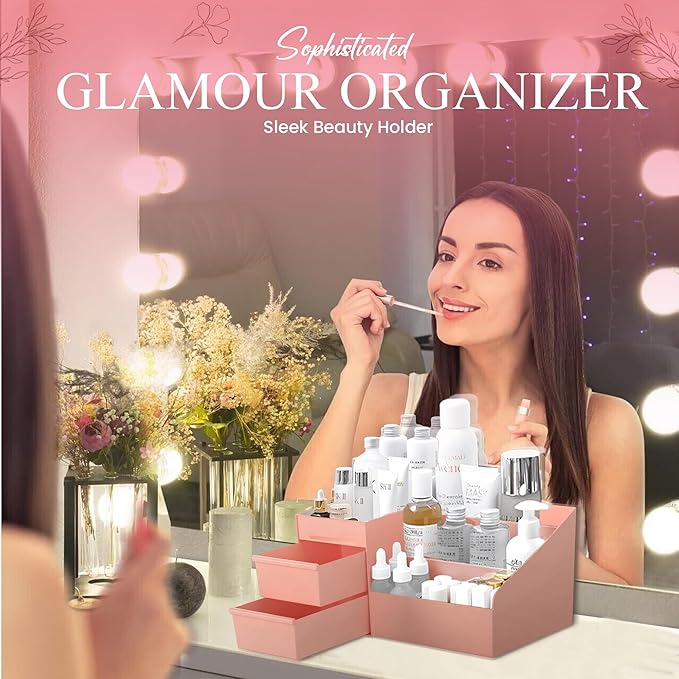 Makeup Organizer Countertop With 4 Beauty Blenders - Skincare and Bathroom Storage for Vanity and Counter (Pink)