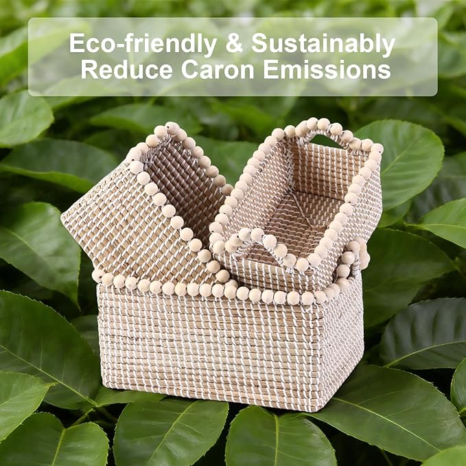Handwoven Sea Grass Storage Baskets Set of 3 with Wooden Beads Accent - Square Woven Bins with Handles by Vietnamese Artisans for Home Organizer, Farmhouse Decor, Bathroom, Shelf - 14.7L, 10L, 6.5L