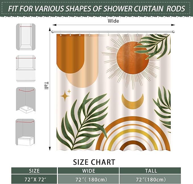 Boho Mid Century Shower Curtain, Bohemian Orange Minimalist Simple Aesthetic Modern Bathroom Decor, Spring Summer Colorful Rainbow Sun Moon Botanical Fabric Cloth Bath Curtain 72x72 Inches