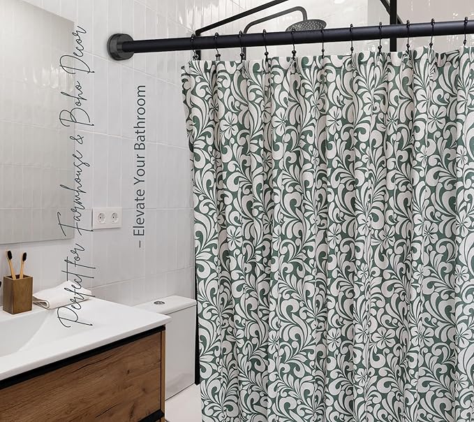 Farmhouse Green Floral Shower Curtain - 72x72 Inches, Cotton Blend Fabric, Breathable & Washable, for Bathroom Decor (Hooks/Liner Not Included)