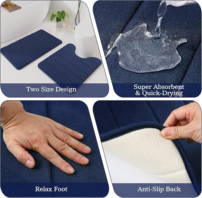 Navy Blue Bathroom Accessories Set - Bathroom Sets, 25PC Bath Accessory Set, Bathroom Sets with Push Top Trash Can, Shower Curtain and Rugs, Toilet Brush, Trash Can & Soap Dispenser