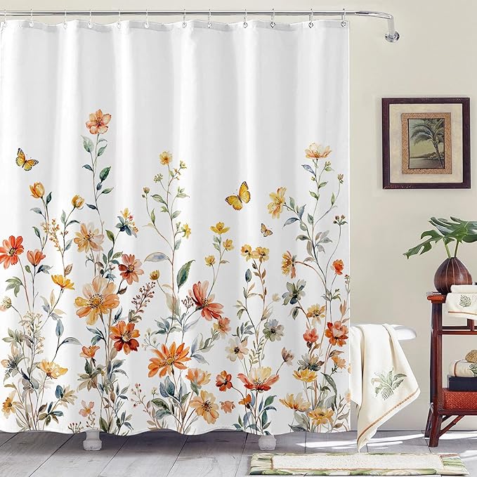 Aipon Watercolor Floral Shower Curtain Colorful Wildflower Shower Curtains for Bathroom Boho Pink Orange Spring Flower Butterfly Botanical Waterproof Fabric Bath Curtain Decor 72 X 72 Inches