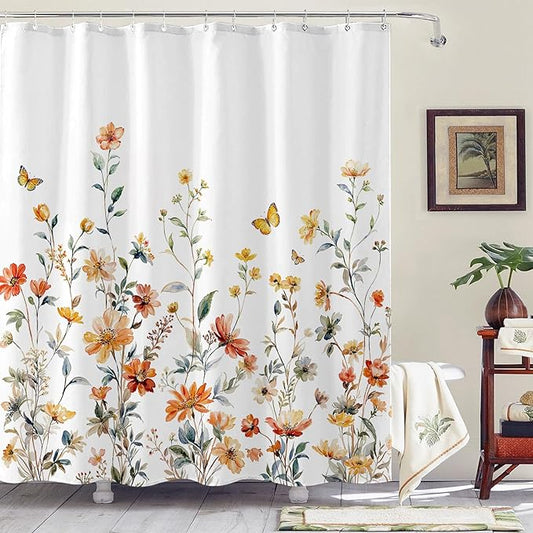 Aipon Watercolor Floral Shower Curtain Colorful Wildflower Shower Curtains for Bathroom Boho Pink Orange Spring Flower Butterfly Botanical Waterproof Fabric Bath Curtain Decor 72 X 72 Inches