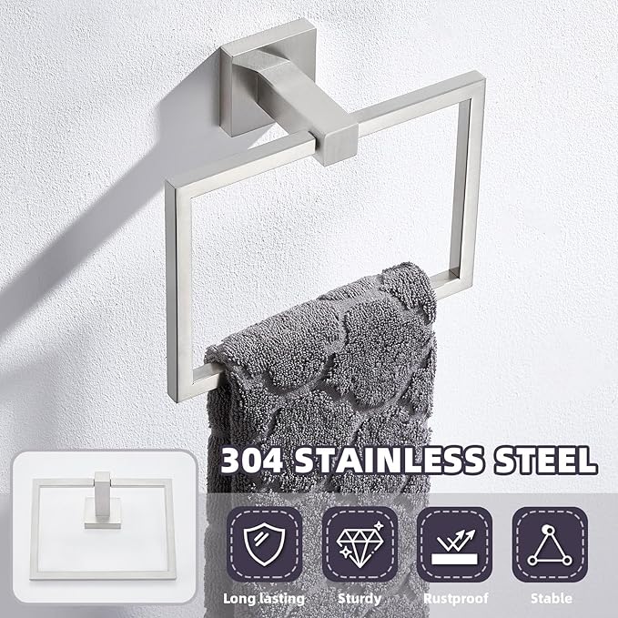 APLusee Brushed Nickel Towel Ring, 304 Stainless Steel Square Bathroom Towel Holder, Wall Mounted