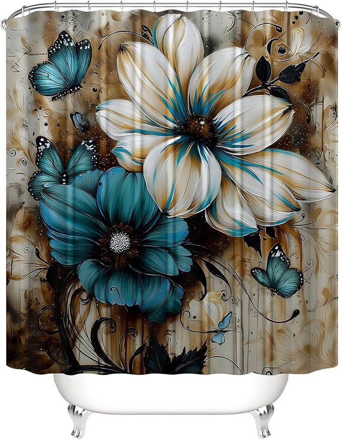 AZHM 4pcs White and Blue Artistic Painted Flowers Shower Curtain Set Floral and Butterfly Bathroom Sets with Rugs and Accessories
