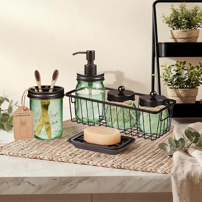 SheeChung Green Bathroom Accessories Set, 6Pcs Mason Jar Glass Bathroom Set, Lotion Soap Dispenser, Toothbrush Holder, Qtip Holder, Soap Dish, Metal Wire Basket, Rustic Farmhouse Bathroom Decor-Bronze